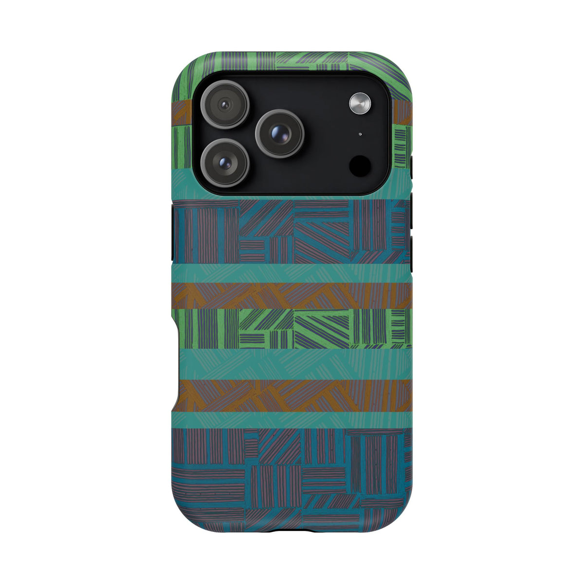 Green Geometric Stripe Phone Case — Impact-Resistant, wireless charging iphone 16 pro max case with accessible side buttons and ports.