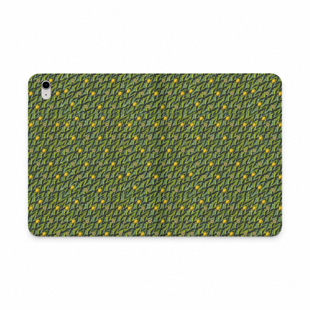 Green Botanical Pattern Tablet Folio Case, a vegan leather tablet case with mossy green foliage design, golden accents, and tablet protection
