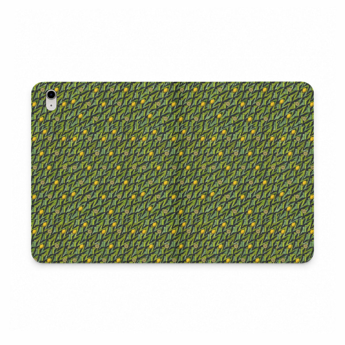 Green Botanical Pattern Tablet Folio Case, a vegan leather tablet case with mossy green foliage design, golden accents, and tablet protection