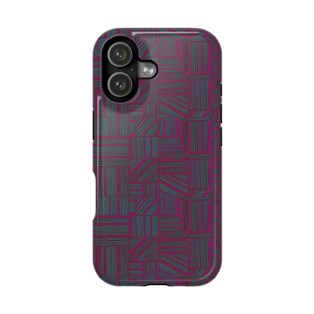 Slim Protective Phone Case With MagSafe, Dual-Layer Impact Protection, Plum Geometric Design, rear view with detailed teal-lined plum pattern; slim protective iphone 16 promax  case.