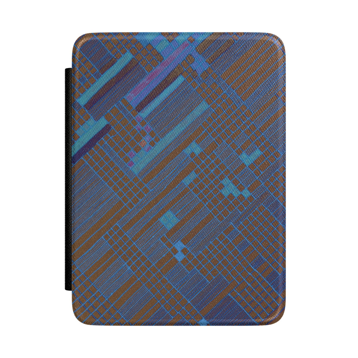 Abstract Plaid Kindle Case by Printify, featuring a unique blue and brown geometric design, ideal as a kindle paperwhite case. This abstract cover serves as a perfect book lover gift and an ebook cover that combines style and gadget protection. An ideal everyday carry accessory for travel readers, it is a fashionable tablet sleeve and reading accessory for any reader's collection.