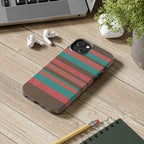 Striped Tribal Tough Phone Case — Retro Teal & Coral Protective Cover shown in lifestyle use on a wooden desk as a fractyl shockproof iphone 17 pro case