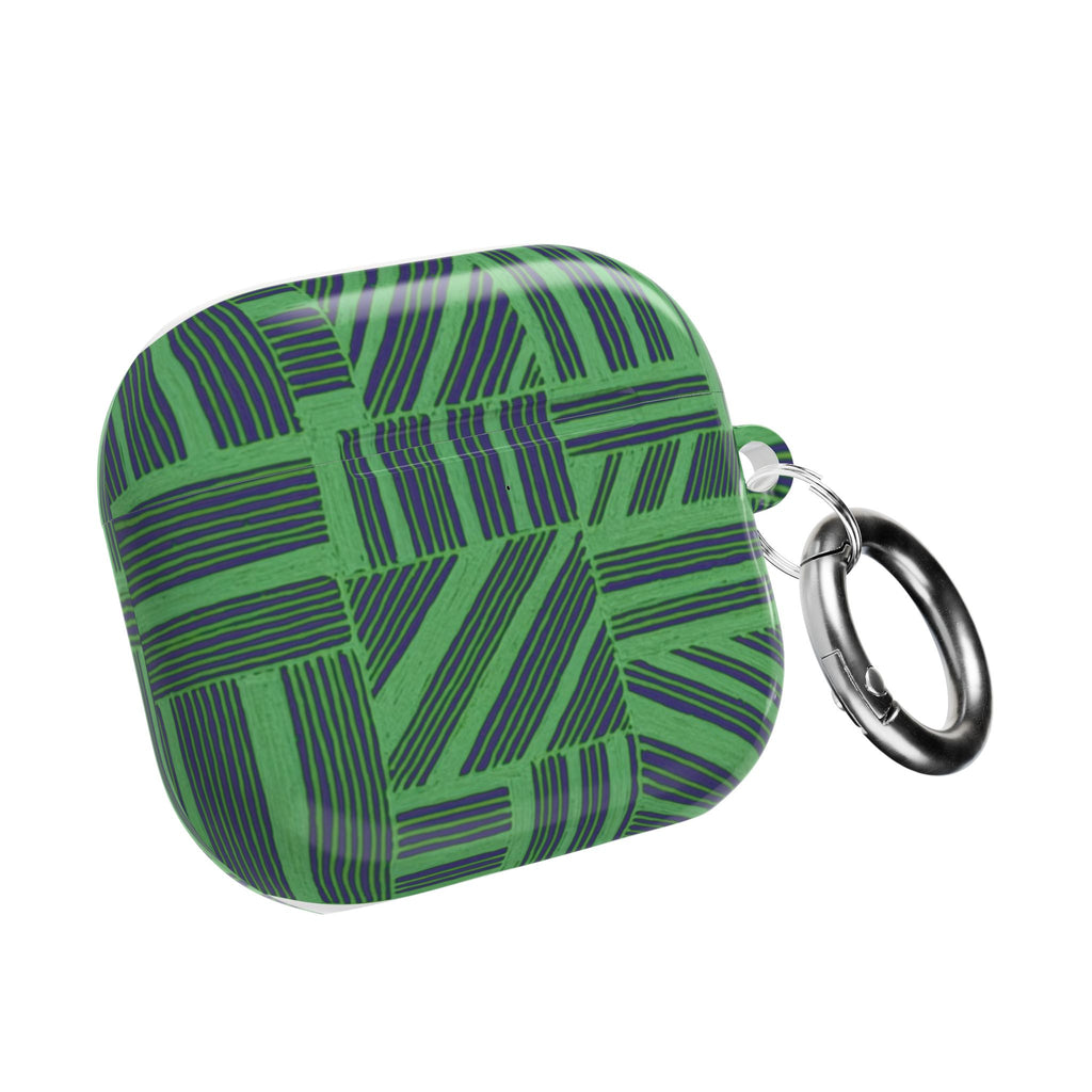Green Geometric Plaid AirPod Case shown at an angle with attached metal carabiner, a stylish portable Apple airpods pro 3 case with carabiner.