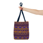 Bohemian Geometric Pattern Tote Bag — Purple & Gold All-Over Print, navy printed canvas tote held by hand for errands and shopping