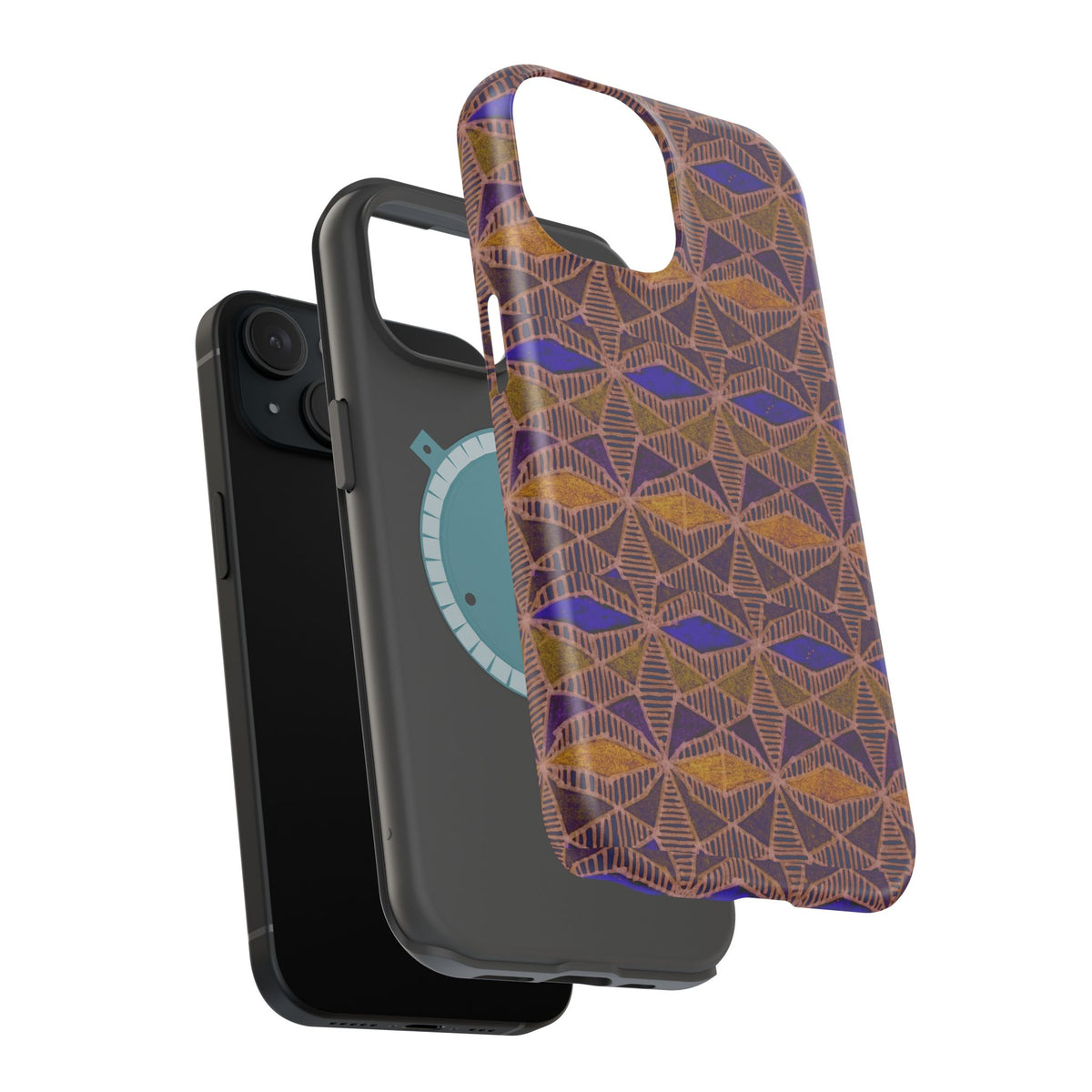 Phone Case — Geometric Tribal Pattern Magnetic Impact-Resistant Case, Fractyl impact resistant iphone 16 pro case shown in a dramatic floating product display.