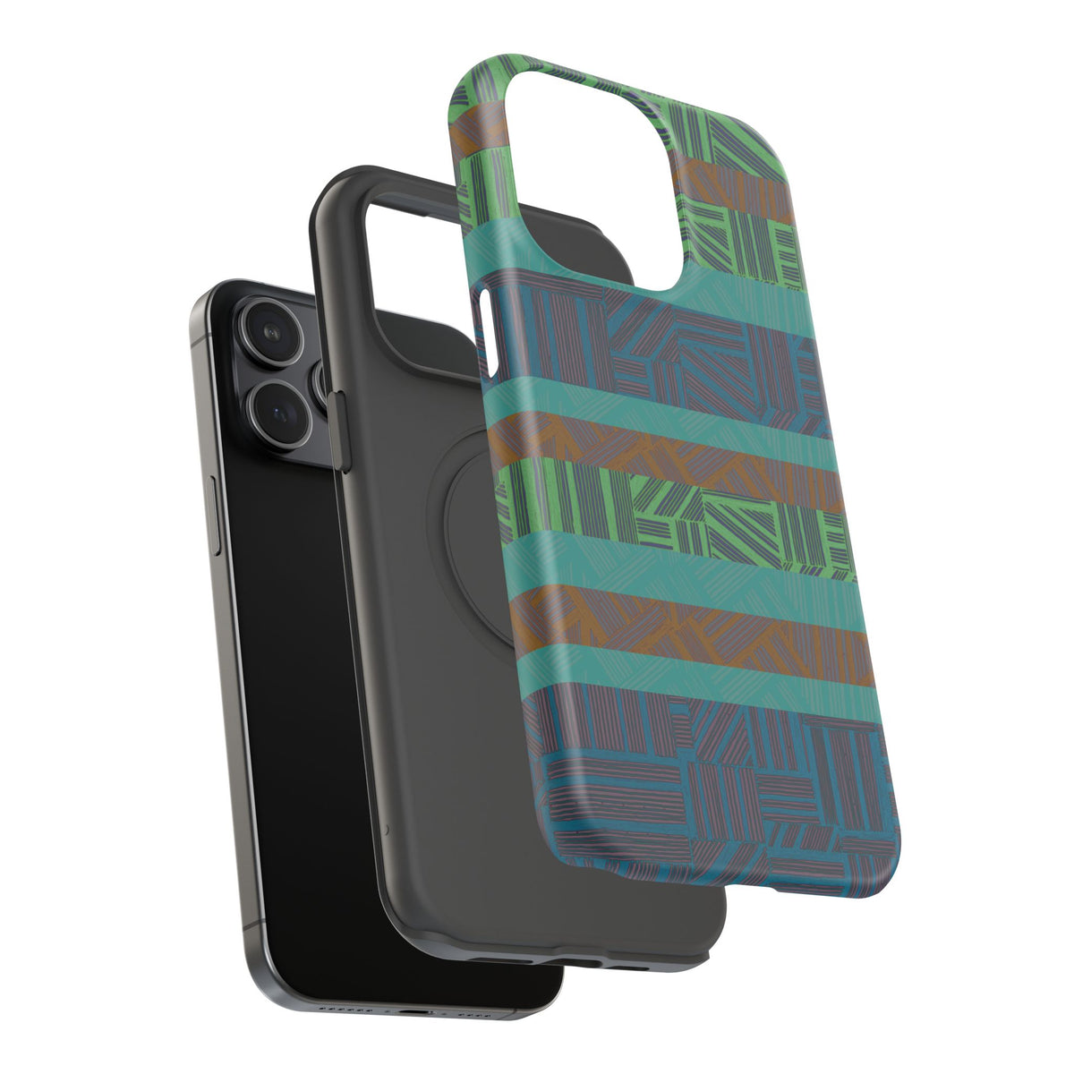 Green Geometric Stripe Phone Case — Impact-Resistant, wireless charging iphone 16 pro max case displayed with a protective black TPU liner.