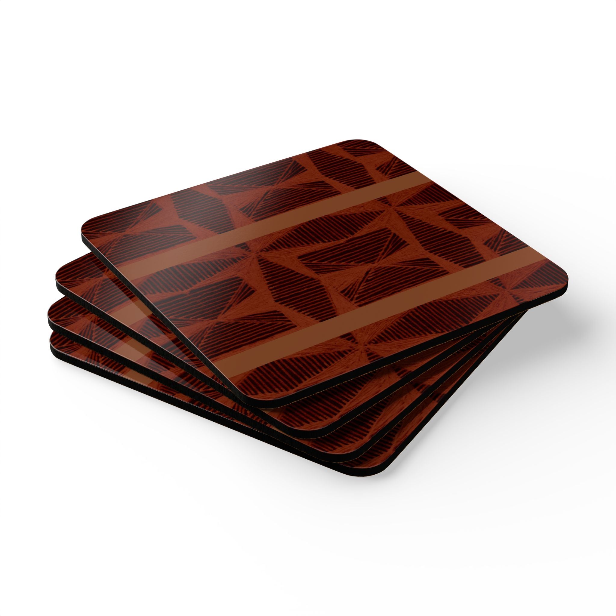 Geometric Corkwood Coaster Set — Rustic Brown Tribal Pattern (4-Pack)