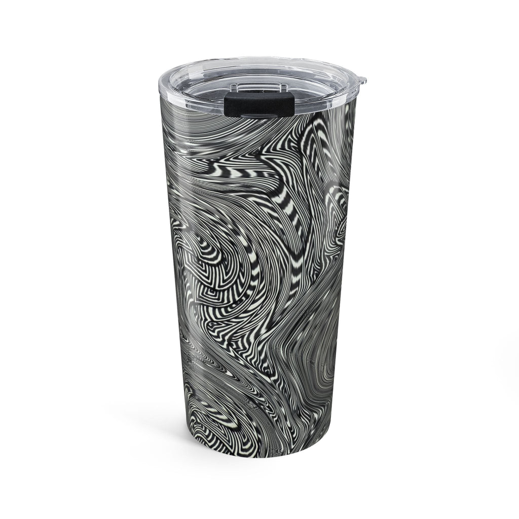20oz Stainless Travel Tumbler featuring a mesmerizing black and white swirl abstract design by Printify. This dishwasher safe tumbler is perfect as an artsy coffee cup for commuters or a stylish gift for her. Ideal modern water cup for everyday use, embodying gothic drinkware aesthetics.