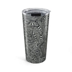 20oz Stainless Travel Tumbler featuring a mesmerizing black and white swirl abstract design by Printify. This dishwasher safe tumbler is perfect as an artsy coffee cup for commuters or a stylish gift for her. Ideal modern water cup for everyday use, embodying gothic drinkware aesthetics.