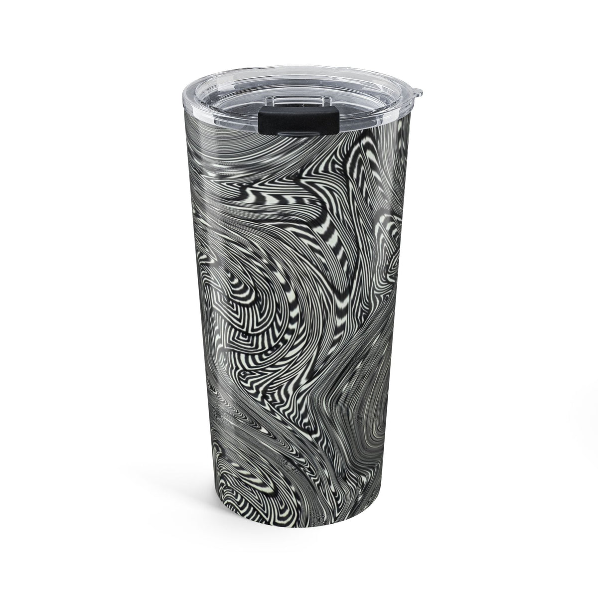 20oz Stainless Travel Tumbler featuring a mesmerizing black and white swirl abstract design by Printify. This dishwasher safe tumbler is perfect as an artsy coffee cup for commuters or a stylish gift for her. Ideal modern water cup for everyday use, embodying gothic drinkware aesthetics.
