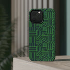 Green Magnetic Phone Case — 2-Layer Geometric MagSafe-Compatible Impact-Resistant Cover, green magnetic phone case- price match with CASETiFY and Casely, case bottom showing charging and speaker openings.