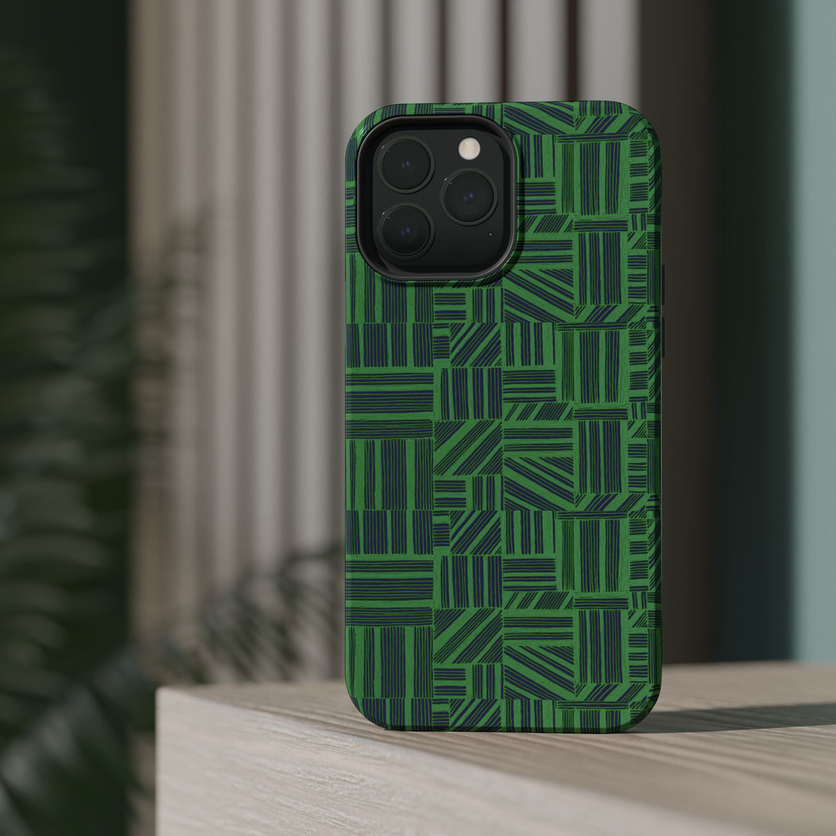 Green Magnetic Phone Case — 2-Layer Geometric MagSafe-Compatible Impact-Resistant Cover, green magnetic phone case- price match with CASETiFY and Casely, case bottom showing charging and speaker openings.