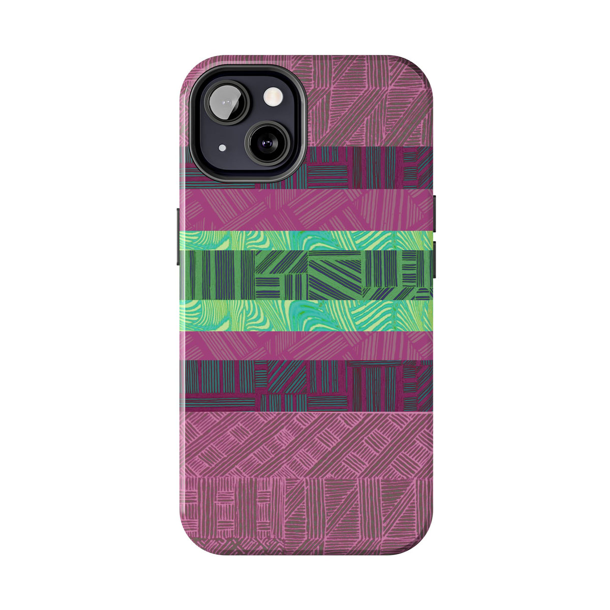Fractyl glossy protective iphone 18 pro max case, Geometric Stripes Tough Phone Case — Purple & Teal Tribal Pattern, front-facing protective cover