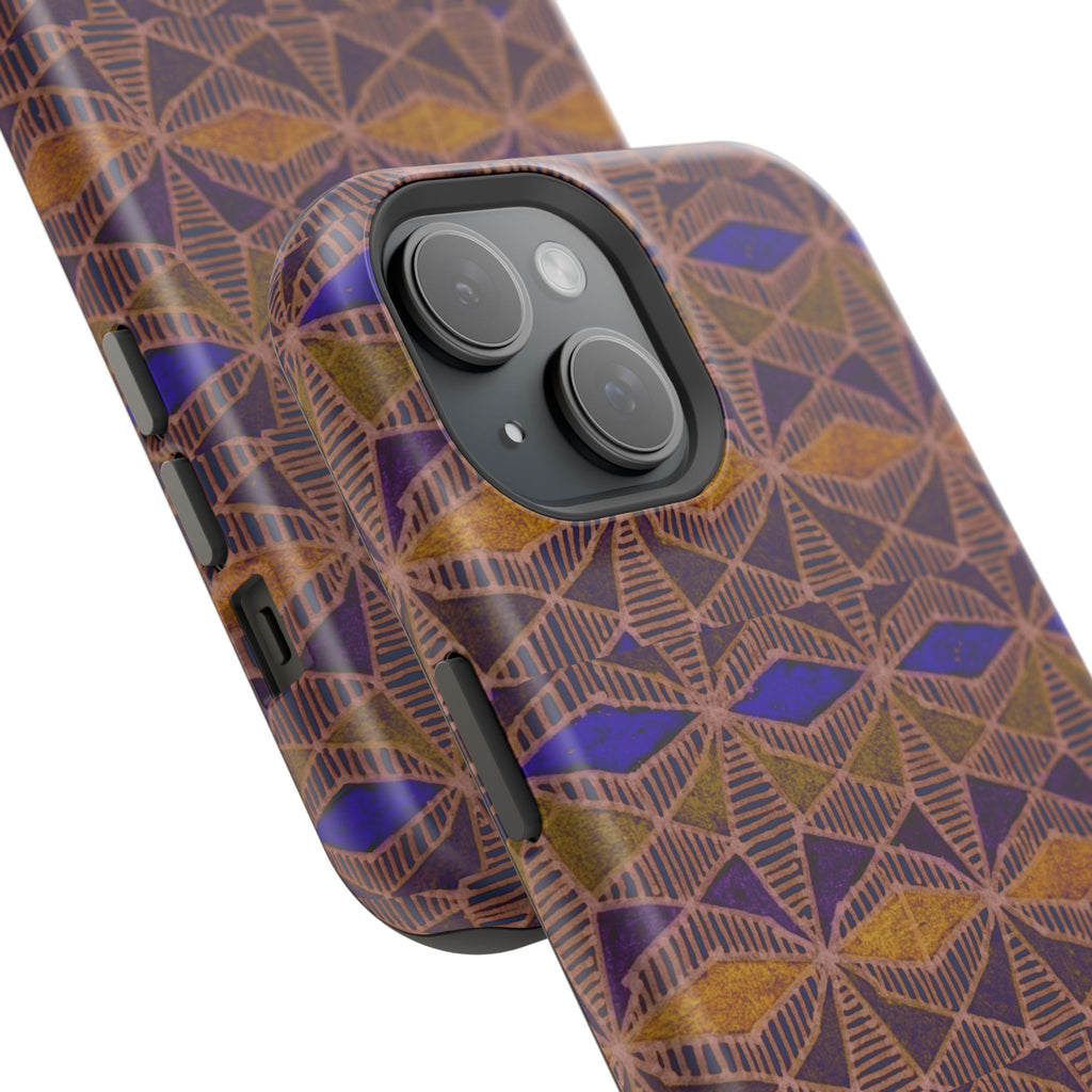 Phone Case — Geometric Tribal Pattern Magnetic Impact-Resistant Case, Fractyl impact resistant iphone 16 pro case photographed upright with a vivid geometric tribal finish.