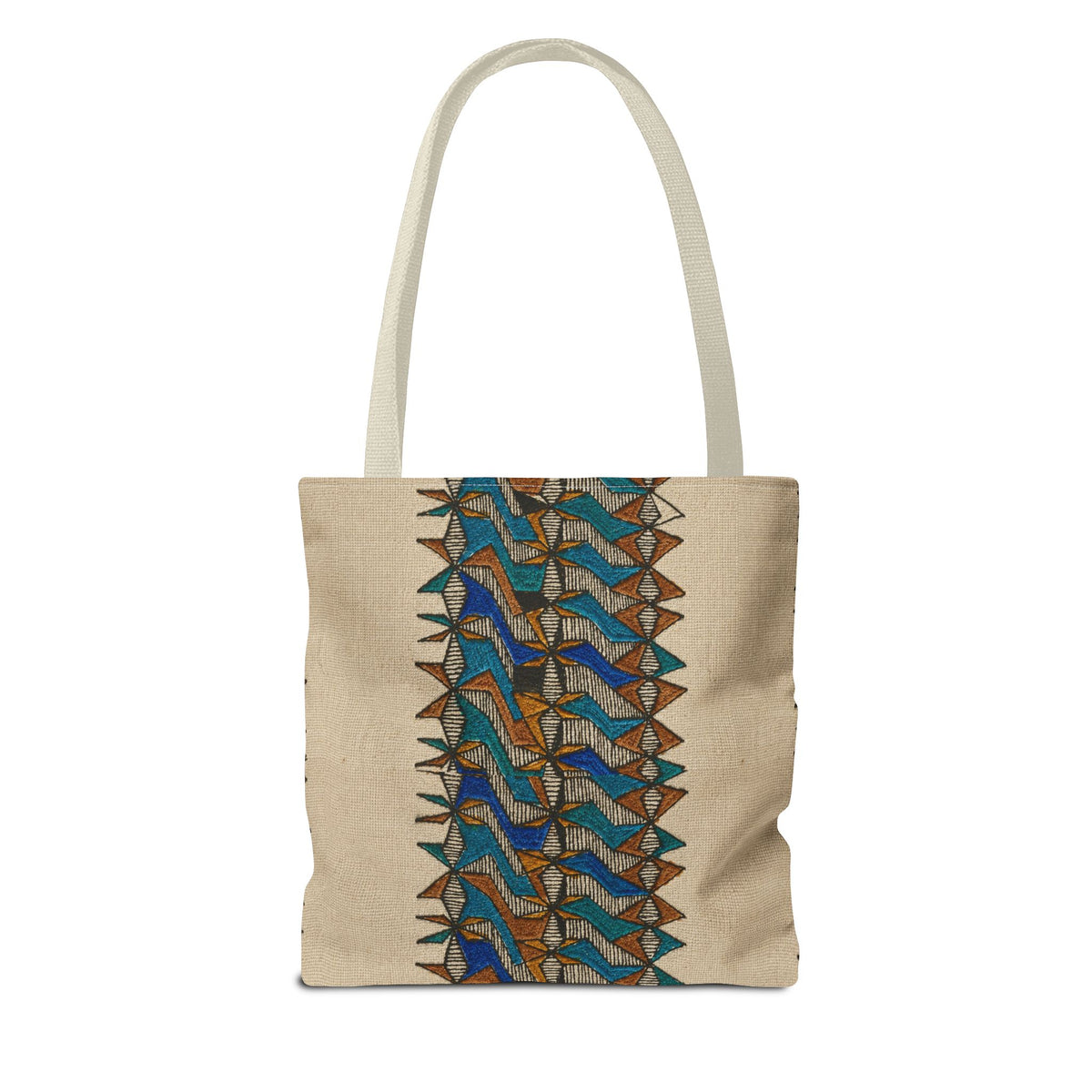 Boho Geometric Everyday Patterned Canvas Tote Bag With Reinforced Handles, 3 Sizes, reverse view showing a neutral beige body, blue and tan geometric print, and cream handles. Patterned canvas tote with art tote, beige bag, bohemian bag, boho tote, canvas tote, eco shopping, everyday tote, gift for her, market bag, neutral tote, printed tote, summer tote, and tribal tote design.