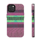 Fractyl glossy protective iphone 18 pro max case, Geometric Stripes Tough Phone Case — Purple & Teal Tribal Pattern, everyday desk setup product photo