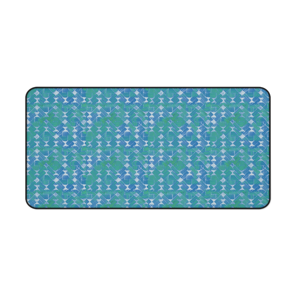 Blue Green Abstract Waves Desk Mat — Patterned Office Mousepad, medium large desk mat with colorful coastal-inspired geometric waves