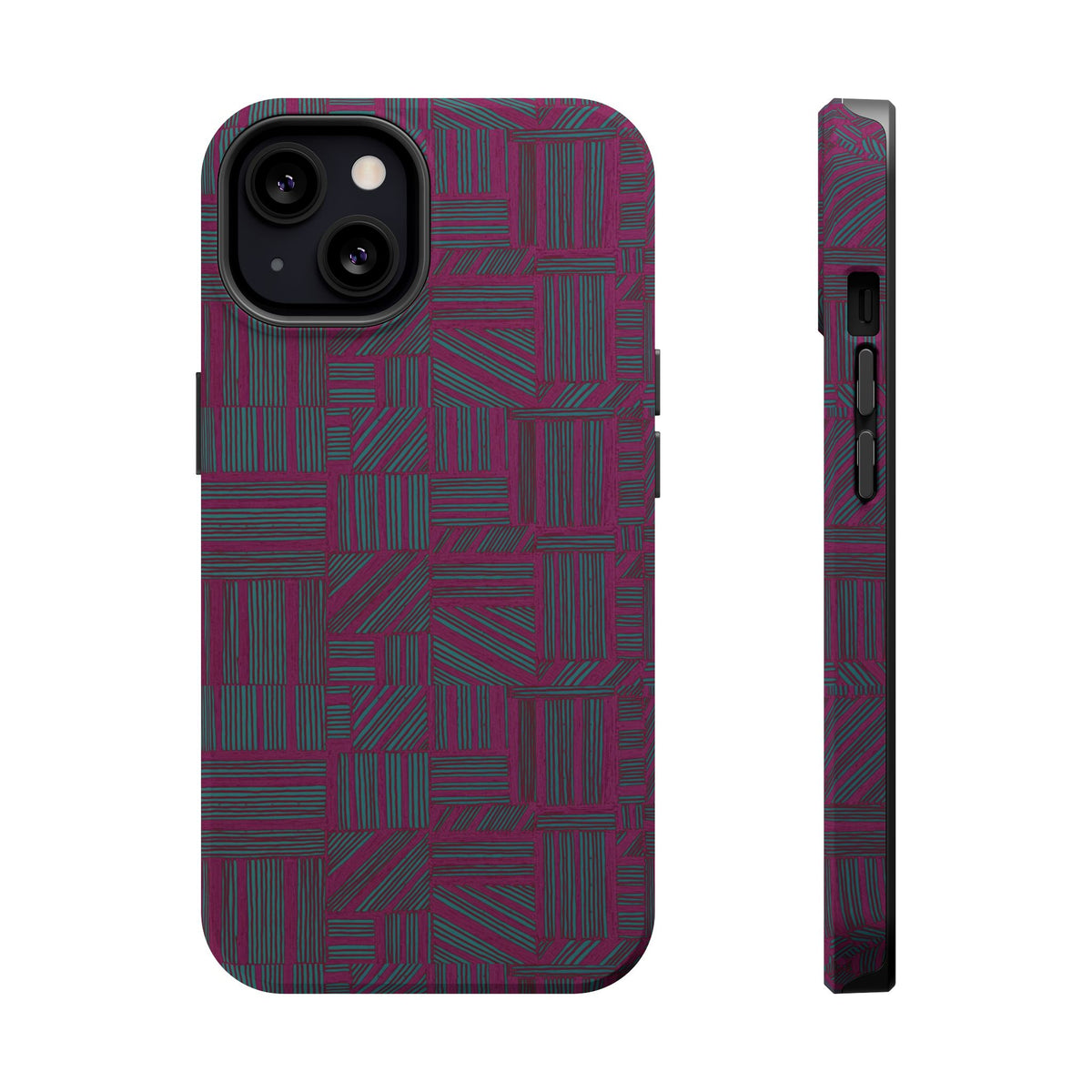 Slim Protective Phone Case With MagSafe, Dual-Layer Impact Protection, Plum Geometric Design, rear view for a compact dual-camera phone; slim protective iphone 16 promax  case.