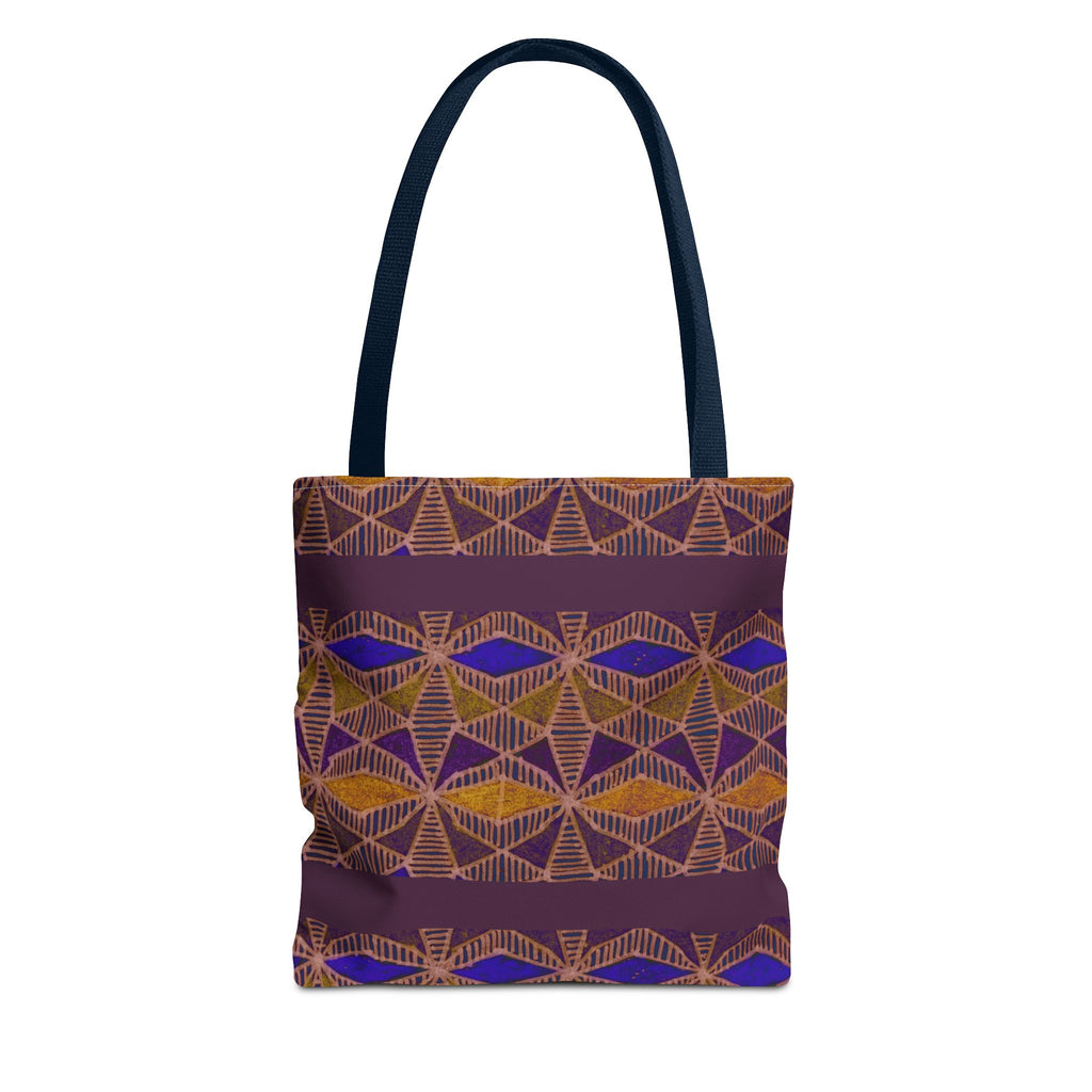 Bohemian Geometric Pattern Tote Bag — Purple & Gold All-Over Print, navy-handle printed canvas tote with bold bohemian pattern