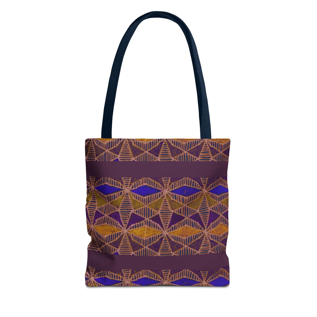 Bohemian Geometric Pattern Tote Bag — Purple & Gold All-Over Print, navy-handle printed canvas tote with bold bohemian pattern