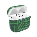 Green Geometric Plaid AirPod Case protecting white wireless earbuds, shown open with a durable glossy shell and carabiner loop as an Apple airpods pro 3 case with carabiner.