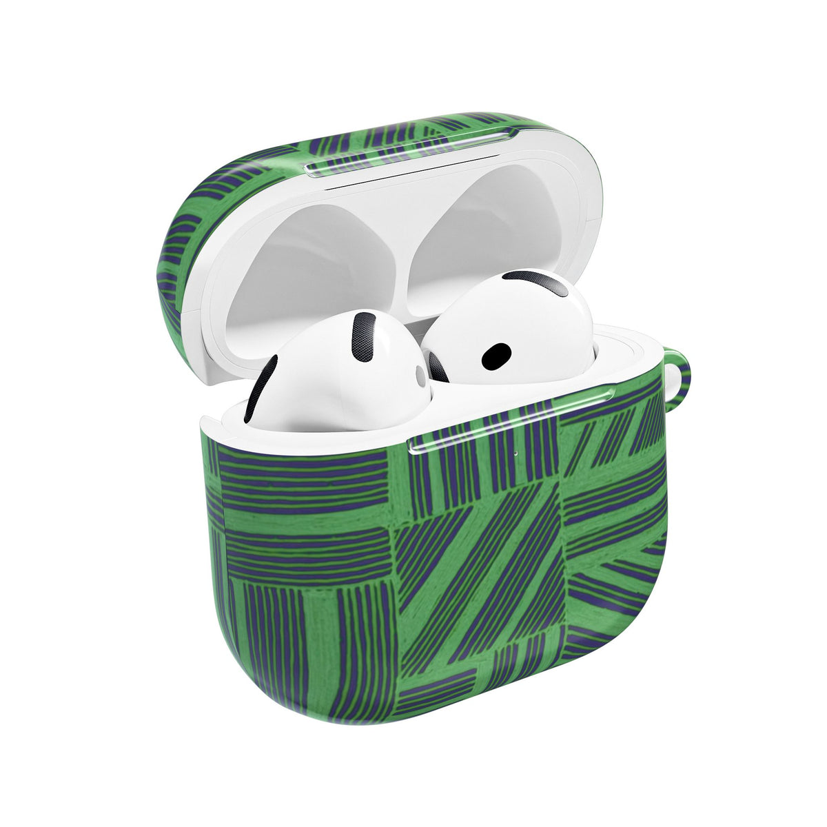 Green Geometric Plaid AirPod Case protecting white wireless earbuds, shown open with a durable glossy shell and carabiner loop as an Apple airpods pro 3 case with carabiner.
