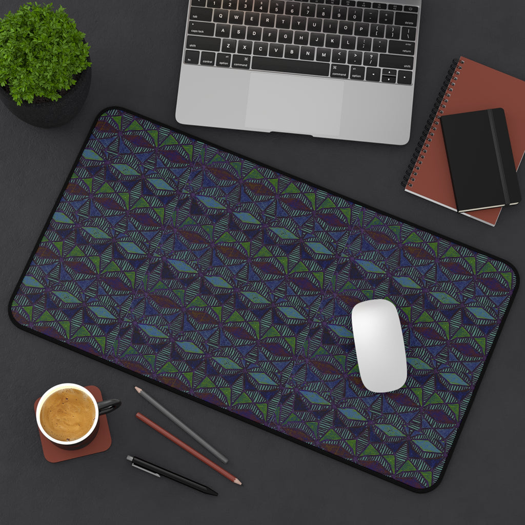 Striped Geometric Desk Mat — Dark Green & Navy Patterned Workspace Pad