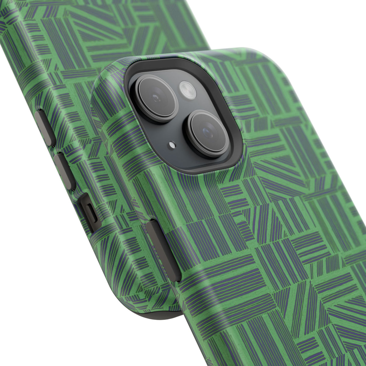 Green Magnetic Phone Case — 2-Layer Geometric MagSafe-Compatible Impact-Resistant Cover, green magnetic phone case- price match with CASETiFY and Casely, exploded case view with magnetic charging ring.