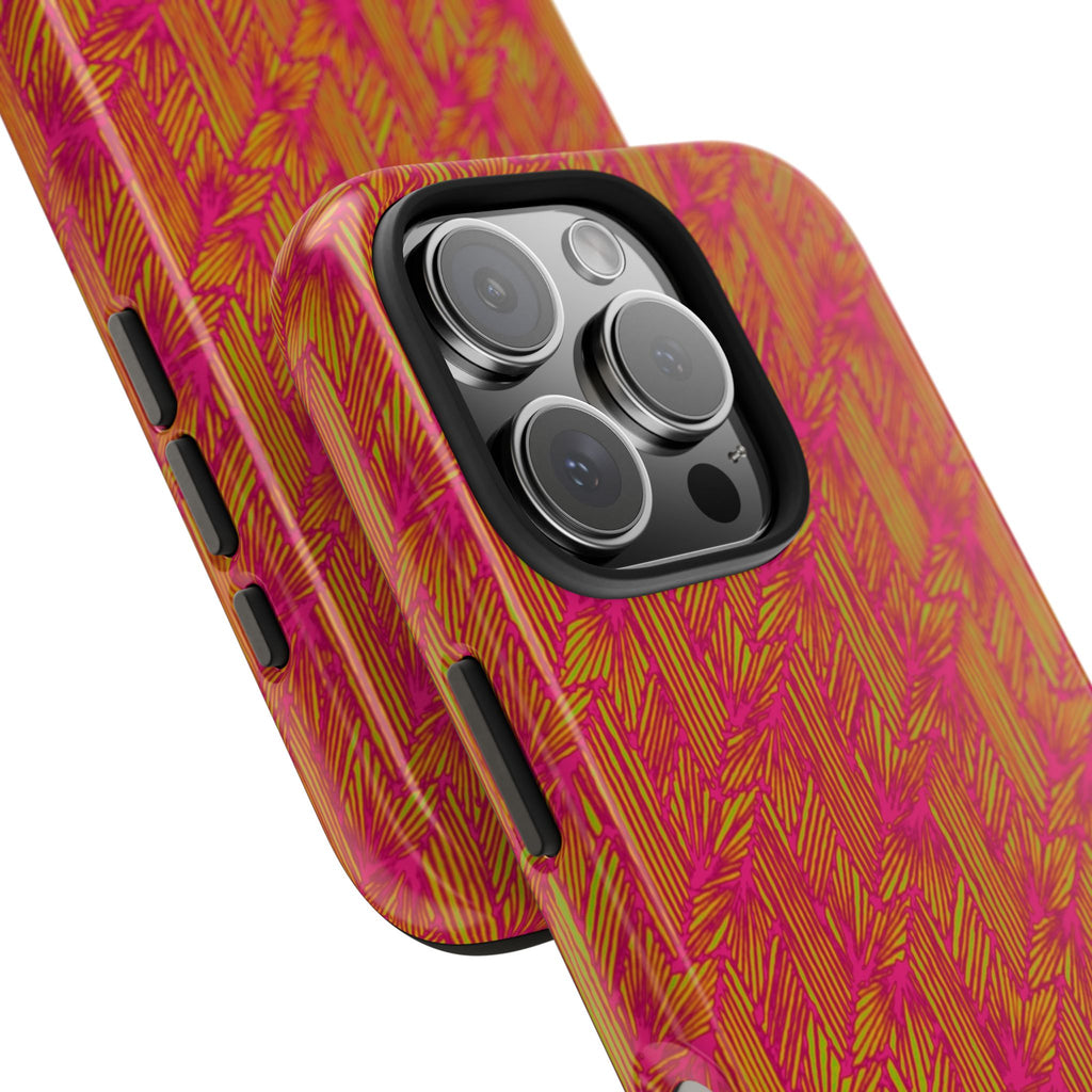 Tough Phone Case — Vibrant Tropical Herringbone Pattern, impact resistant iphone 17 case displayed in an exploded two-piece view