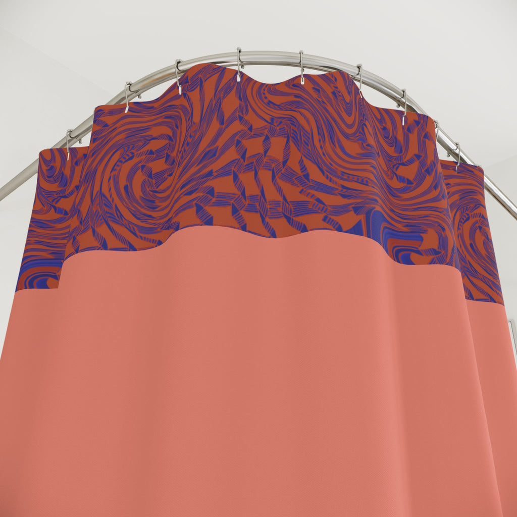 Close-up view of the Abstract Coral & Indigo Shower Curtain by Printify, showcasing vibrant bands of coral that complement the indigo marbling. Ideal for boho bathroom aesthetics, this modern shower curtain adds a touch of bold bathroom charm and serves as a unique gift for home decor enthusiasts.