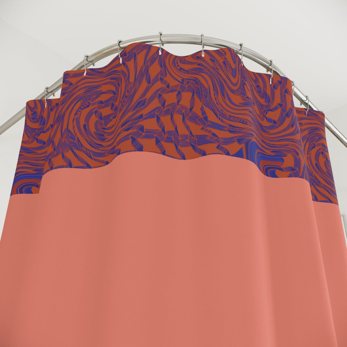 Close-up view of the Abstract Coral & Indigo Shower Curtain by Printify, showcasing vibrant bands of coral that complement the indigo marbling. Ideal for boho bathroom aesthetics, this modern shower curtain adds a touch of bold bathroom charm and serves as a unique gift for home decor enthusiasts.