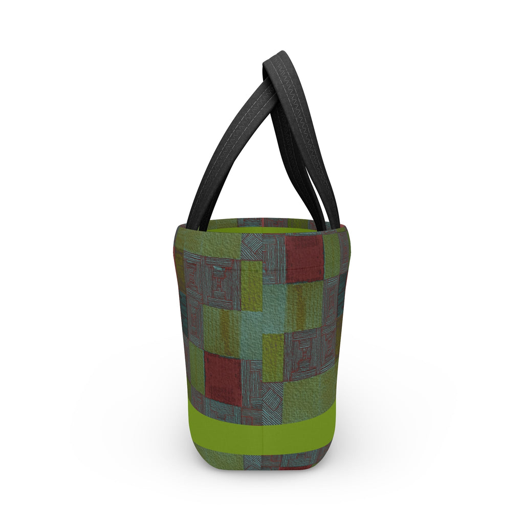 Patchwork Plaid Lunch Bag — Insulated Retro Green & Red Tote showcasing a delightful patchwork print. Ideal for back to school or casual outings, this insulated lunch bag is perfect as an eco lunch bag and picnic tote. A great gift for coworkers, it’s practical for everyday lunch and serves well as a small cooler bag.