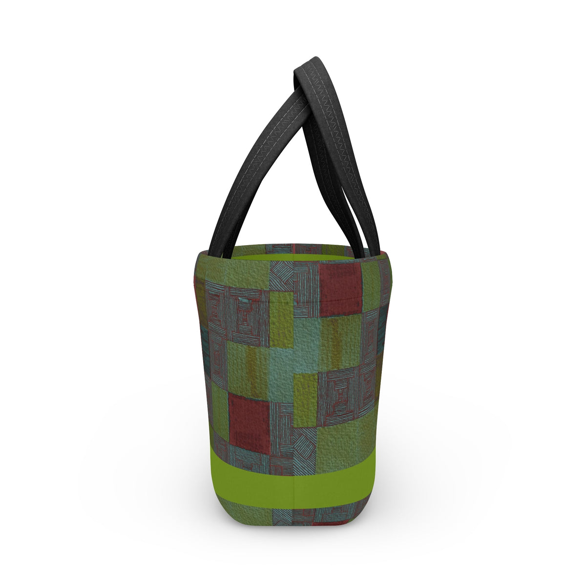 Patchwork Plaid Lunch Bag — Insulated Retro Green & Red Tote showcasing a delightful patchwork print. Ideal for back to school or casual outings, this insulated lunch bag is perfect as an eco lunch bag and picnic tote. A great gift for coworkers, it’s practical for everyday lunch and serves well as a small cooler bag.
