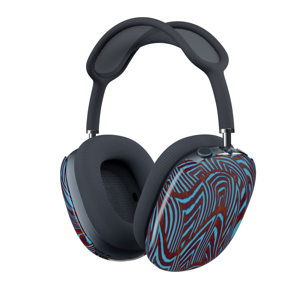 AirPods Max Shell Case in a captivating blue and maroon swirl design, displaying the user-friendly snap-on ear cup covers that offer both aesthetics and durability.