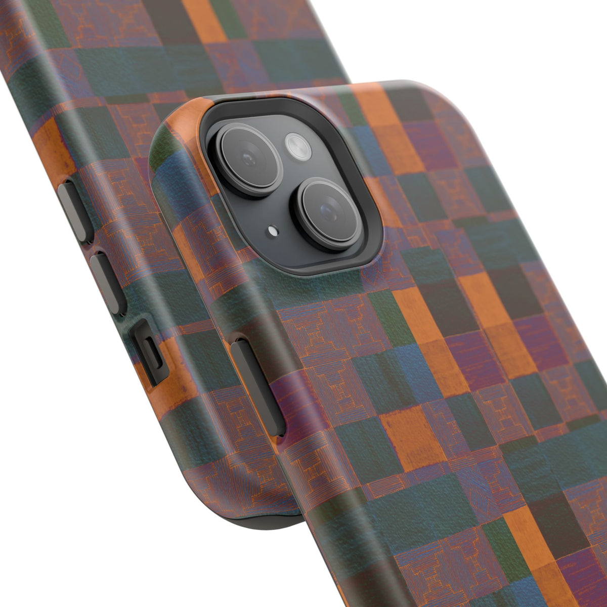 Impact-Resistant Phone Case — Retro Checkerboard Pattern, Fractyl wireless charging iphone 18 pro case showcasing precise openings for the camera, speakers, and buttons.