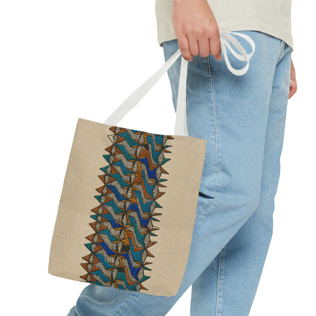Boho Geometric Everyday Patterned Canvas Tote Bag With Reinforced Handles, 3 Sizes, carried with white handles beside casual blue jeans. Patterned canvas tote showcasing art tote, beige bag, bohemian bag, boho tote, canvas tote, eco shopping, everyday tote, gift for her, market bag, neutral tote, printed tote, summer tote, and tribal tote style.