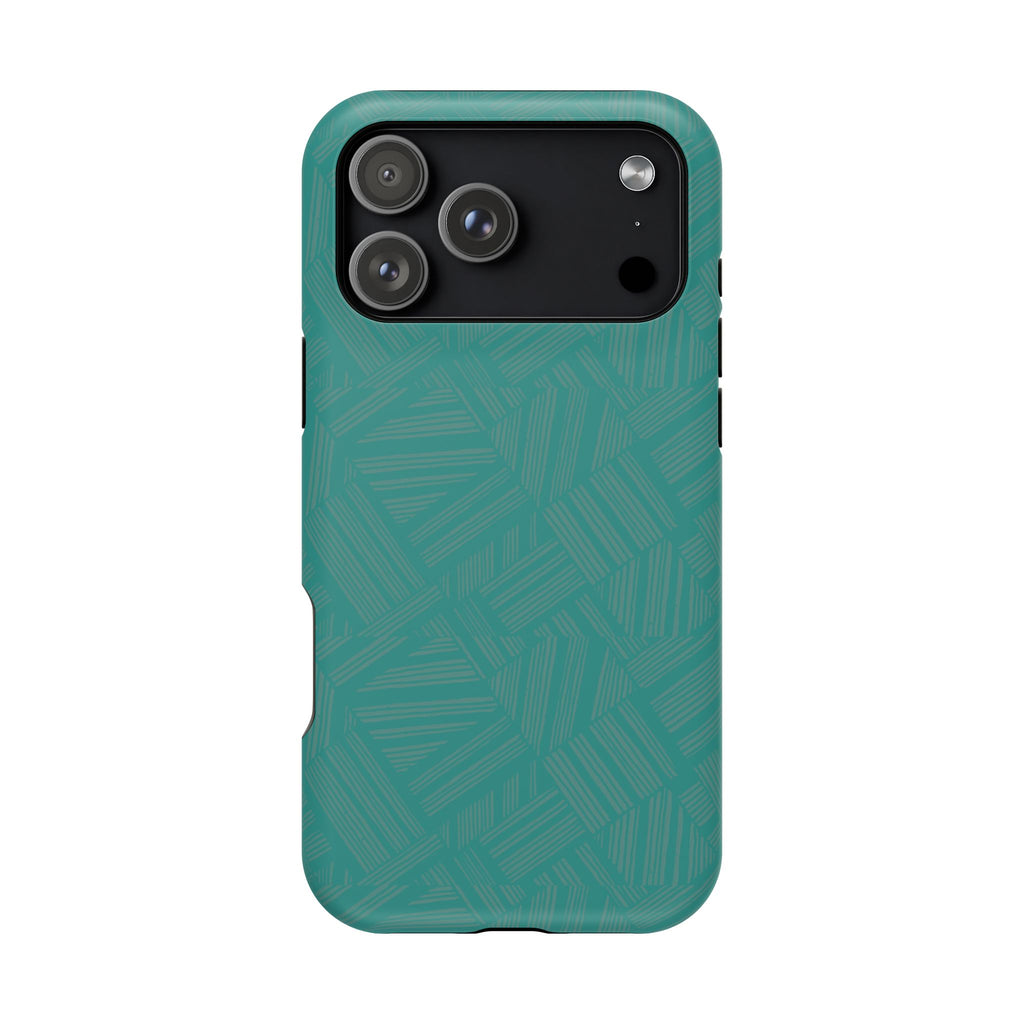 Magnetic Impact-Resistant Phone Case — Teal Geometric Protective Cover, magnetic iphone 18 pro case rear view with triple-camera cutout