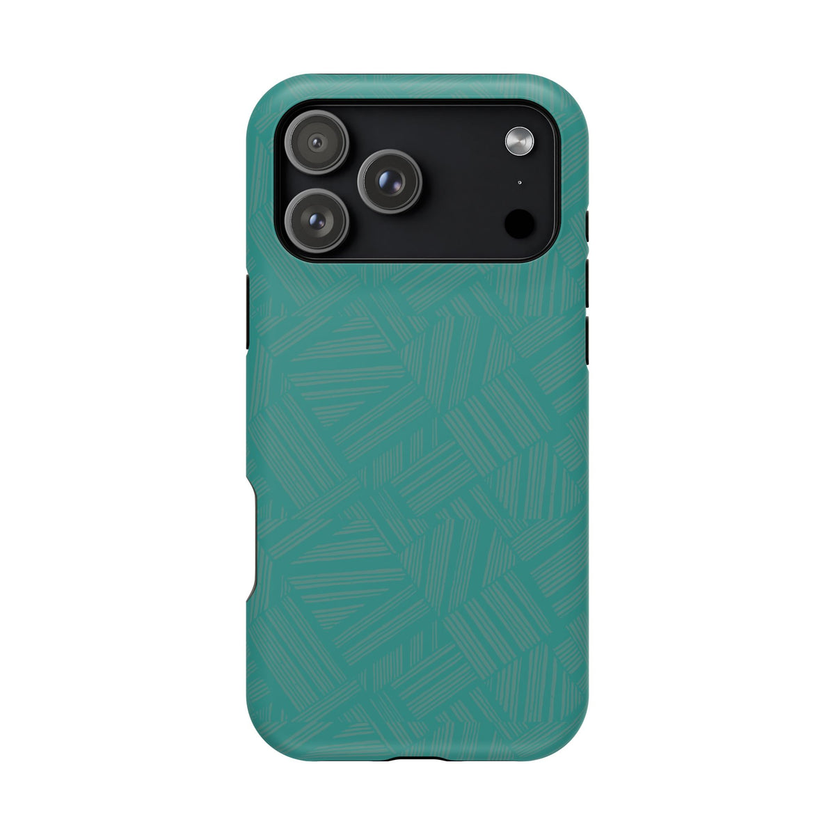 Magnetic Impact-Resistant Phone Case — Teal Geometric Protective Cover, magnetic iphone 18 pro case rear view with triple-camera cutout