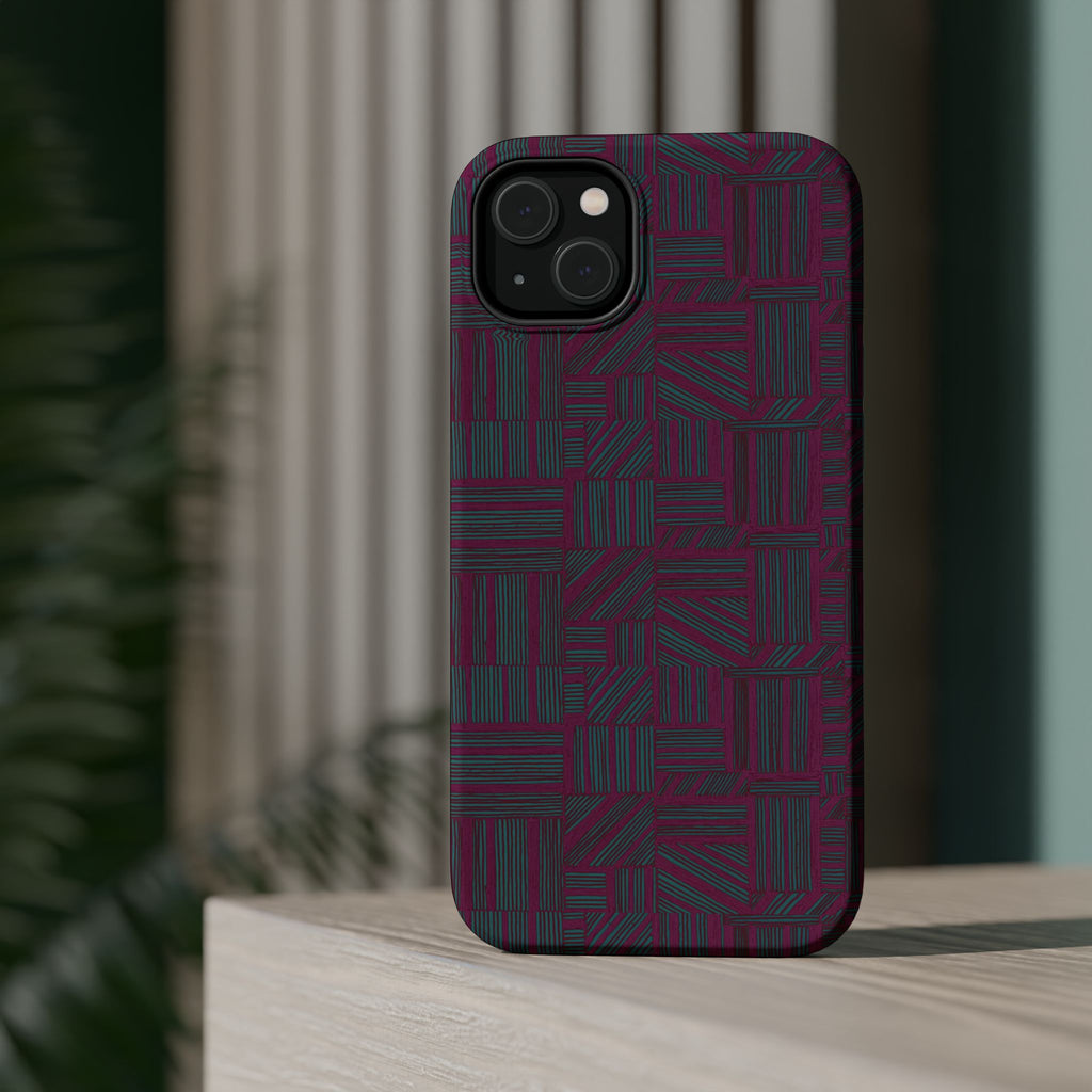 Slim Protective Phone Case With MagSafe, Dual-Layer Impact Protection, Plum Geometric Design, lifestyle render of the plum geometric case floating among modern teal shapes; slim protective iphone 16 promax  case.