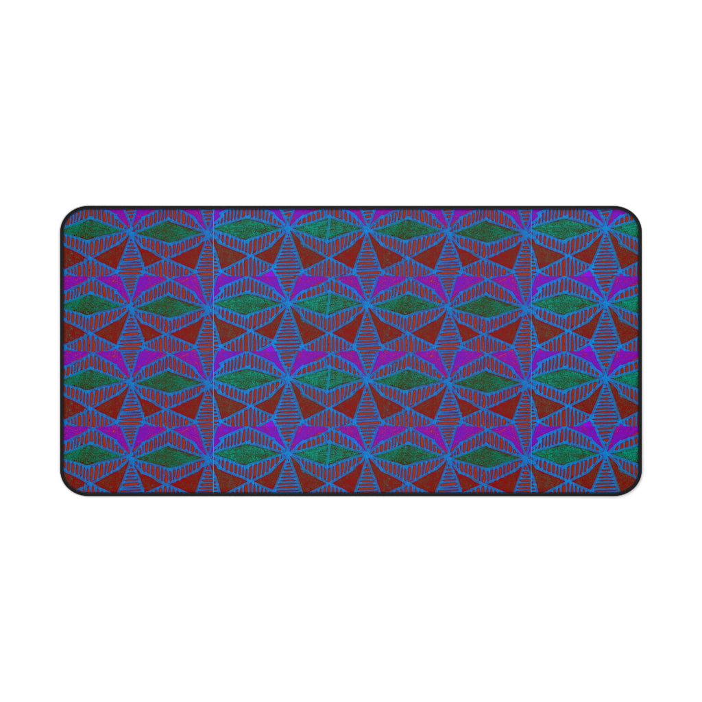 Geometric Neon Wave Desk Mat — Retro Purple & Teal Gamer Desk Pad, colorful gaming desk mat with repeating neon geometric shapes in a medium size.
