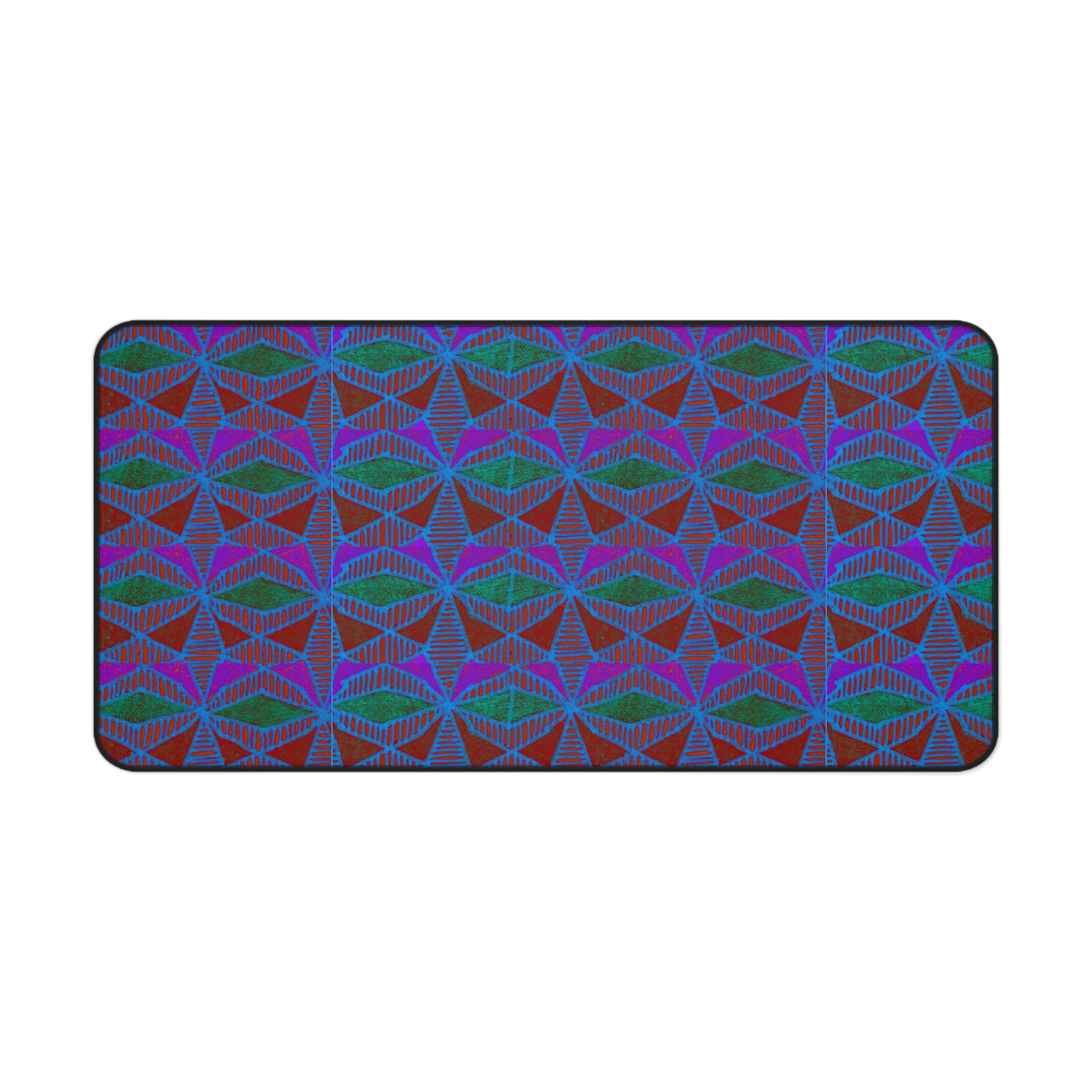 Geometric Neon Wave Desk Mat — Retro Purple & Teal Gamer Desk Pad, colorful gaming desk mat with repeating neon geometric shapes in a medium size.