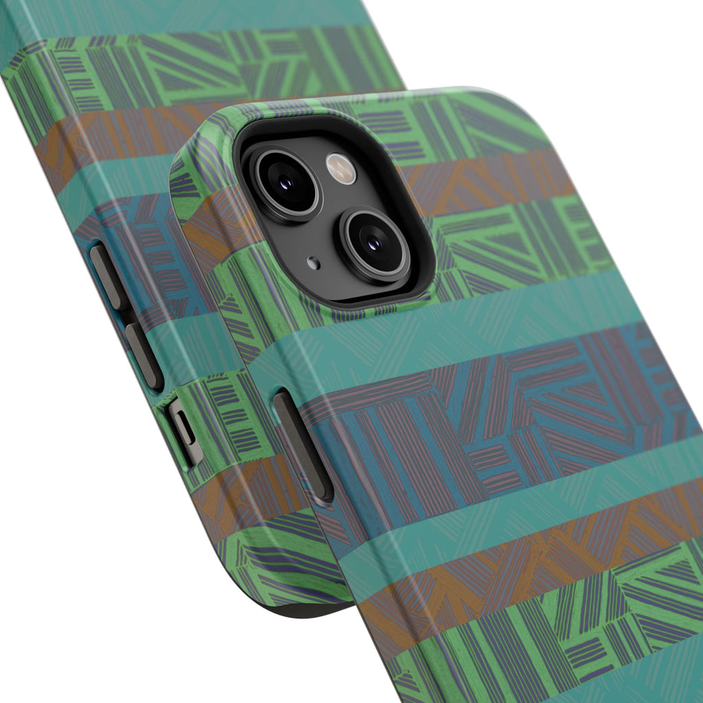 Green Geometric Stripe Phone Case — Impact-Resistant, wireless charging iphone 16 pro max case close-up showing triple-camera compatibility.