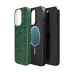 Green Magnetic Phone Case — 2-Layer Geometric MagSafe-Compatible Impact-Resistant Cover, green magnetic phone case- price match with CASETiFY and Casely, separated case shell and phone showing magnetic compatibility.