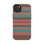 Striped Tribal Tough Phone Case — Retro Teal & Coral Protective Cover shown on a compact dual-camera phone as a fractyl shockproof iphone 17 pro case