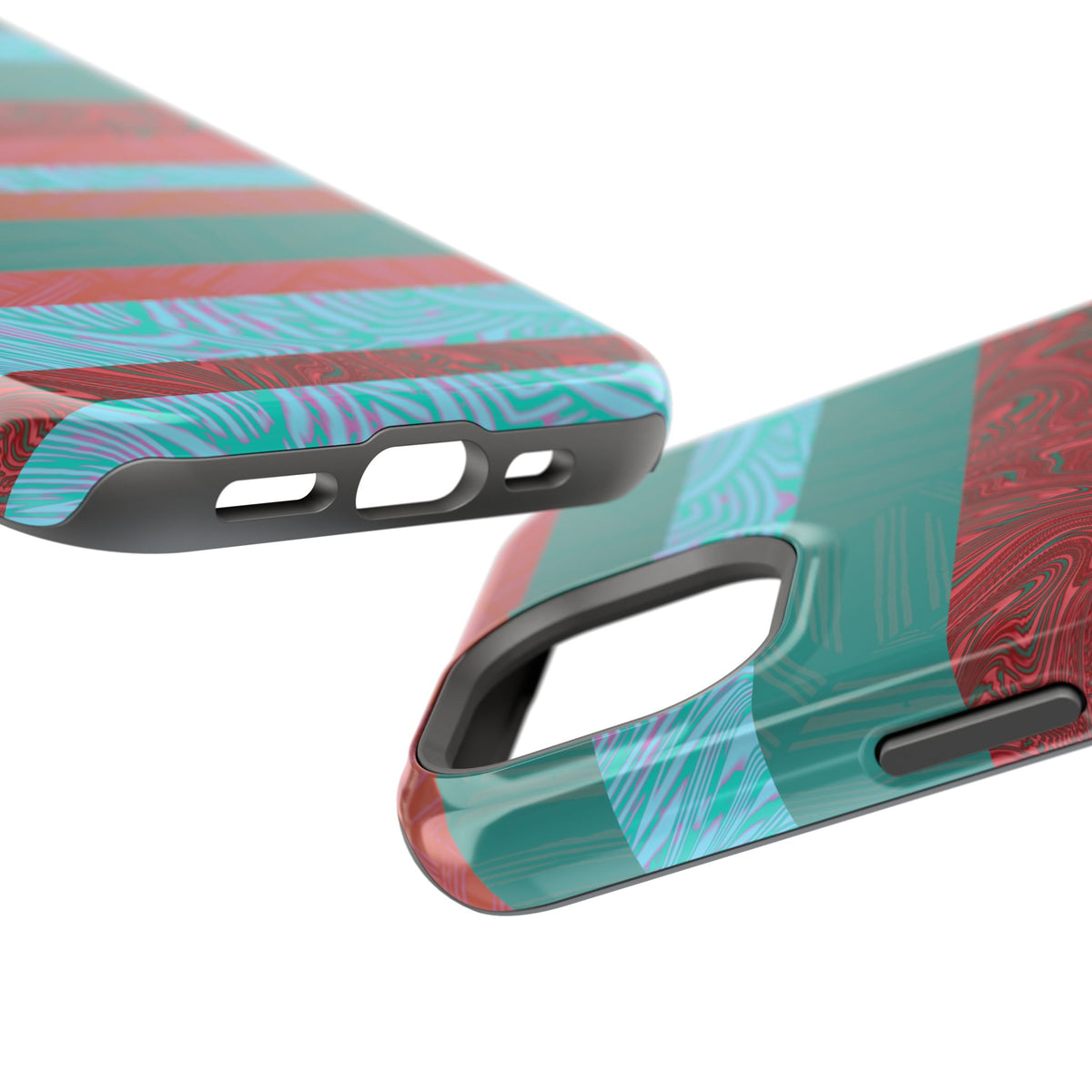 Striped Teal & Coral Magnetic Impact Phone Case angled lifestyle view, Fractyl magsafe compatible iphone 18 pro max case