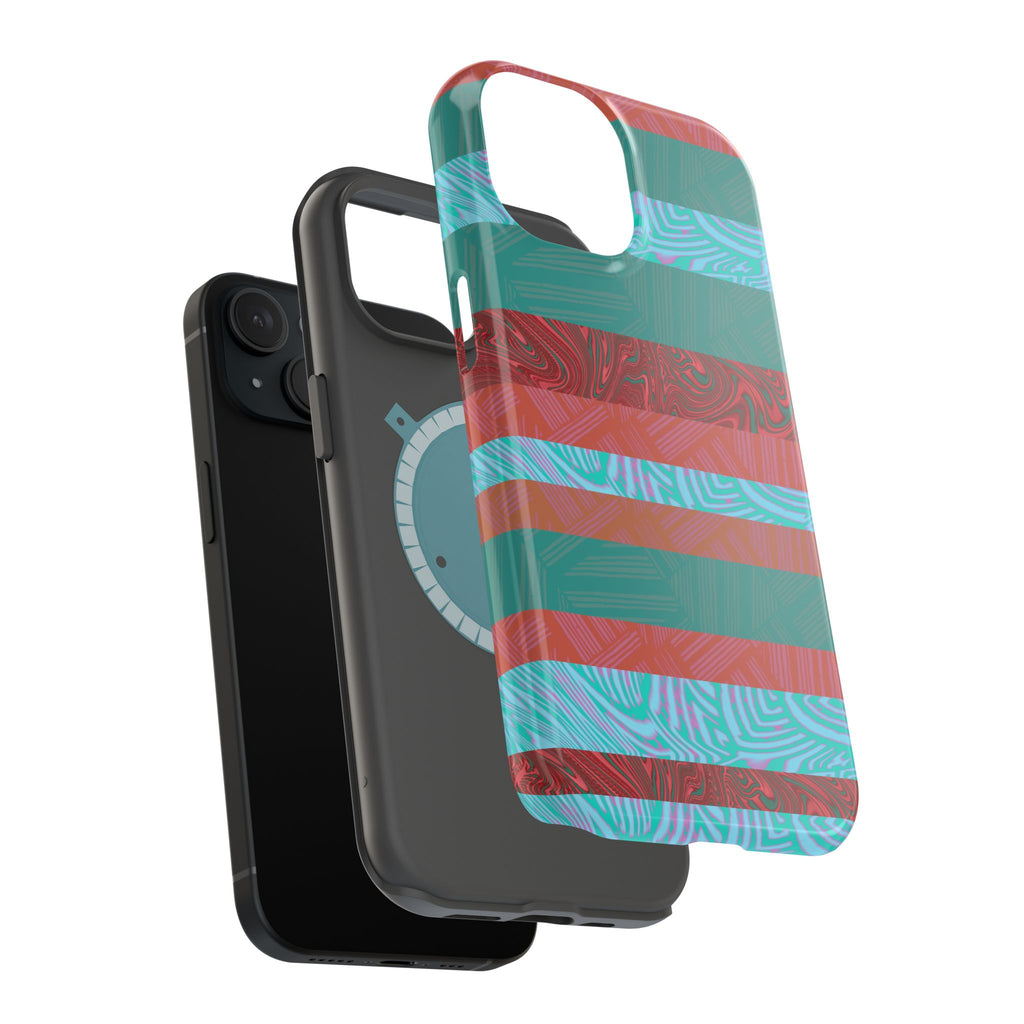 Striped Teal & Coral Magnetic Impact Phone Case standing upright with vibrant striped print, Fractyl magsafe compatible iphone 18 pro max case