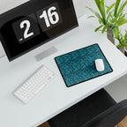 Geometric Teal Desk Mat — Large Patterned Mousepad for Office & Gaming, compact gaming desk mat displayed with a white mouse on a contemporary workstation