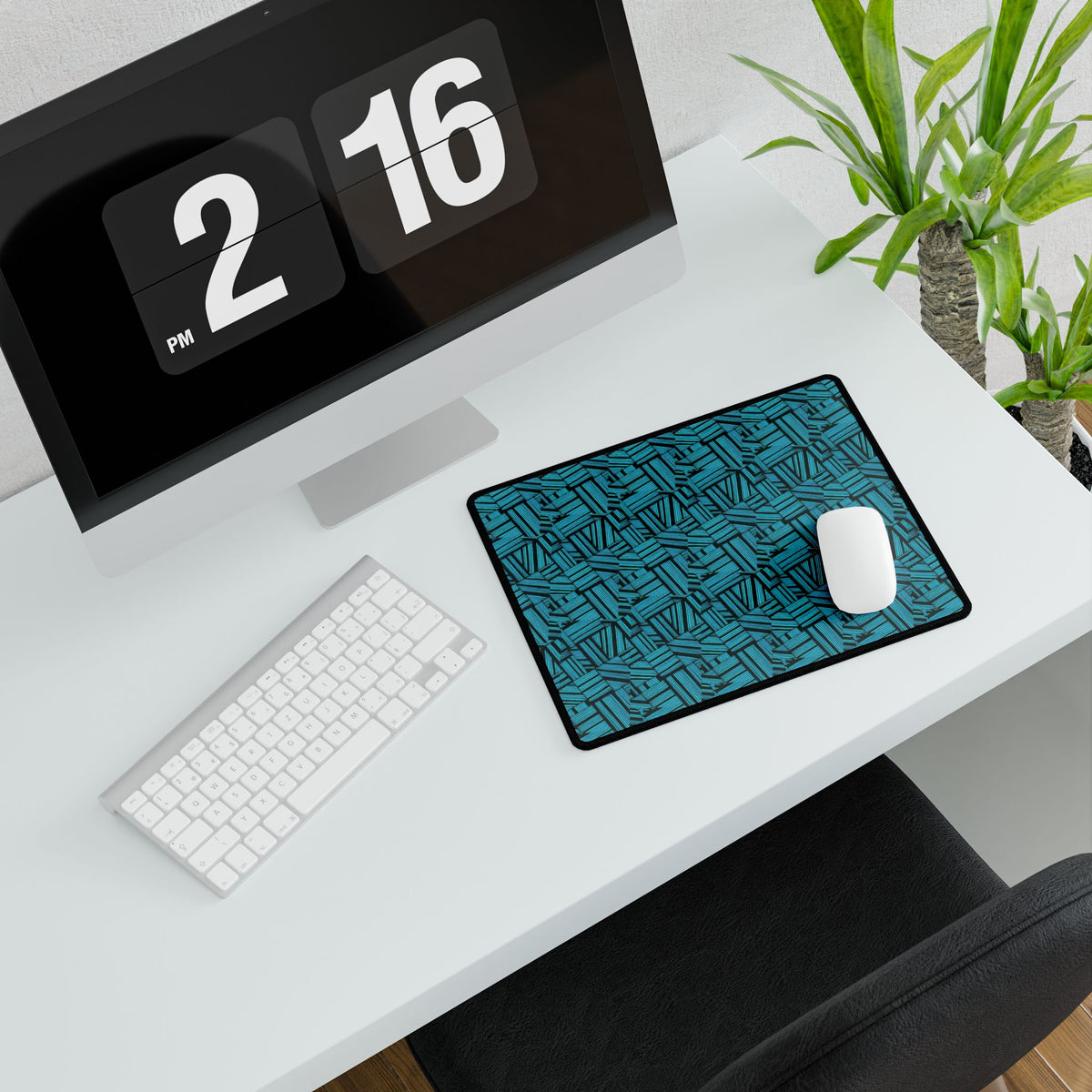 Geometric Teal Desk Mat — Large Patterned Mousepad for Office & Gaming, compact gaming desk mat displayed with a white mouse on a contemporary workstation