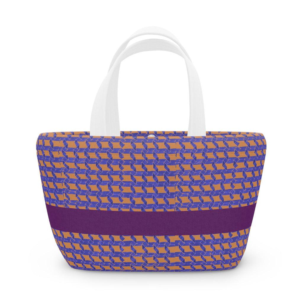 Trendy insulated geometric lunch bag in vibrant purple and orange stripes, an excellent option for office lunch, kids lunch, or school lunch. This reusable lunch bag doubles as a patterned lunch or stylish work lunch accessory.