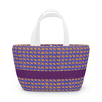 Trendy insulated geometric lunch bag in vibrant purple and orange stripes, an excellent option for office lunch, kids lunch, or school lunch. This reusable lunch bag doubles as a patterned lunch or stylish work lunch accessory.